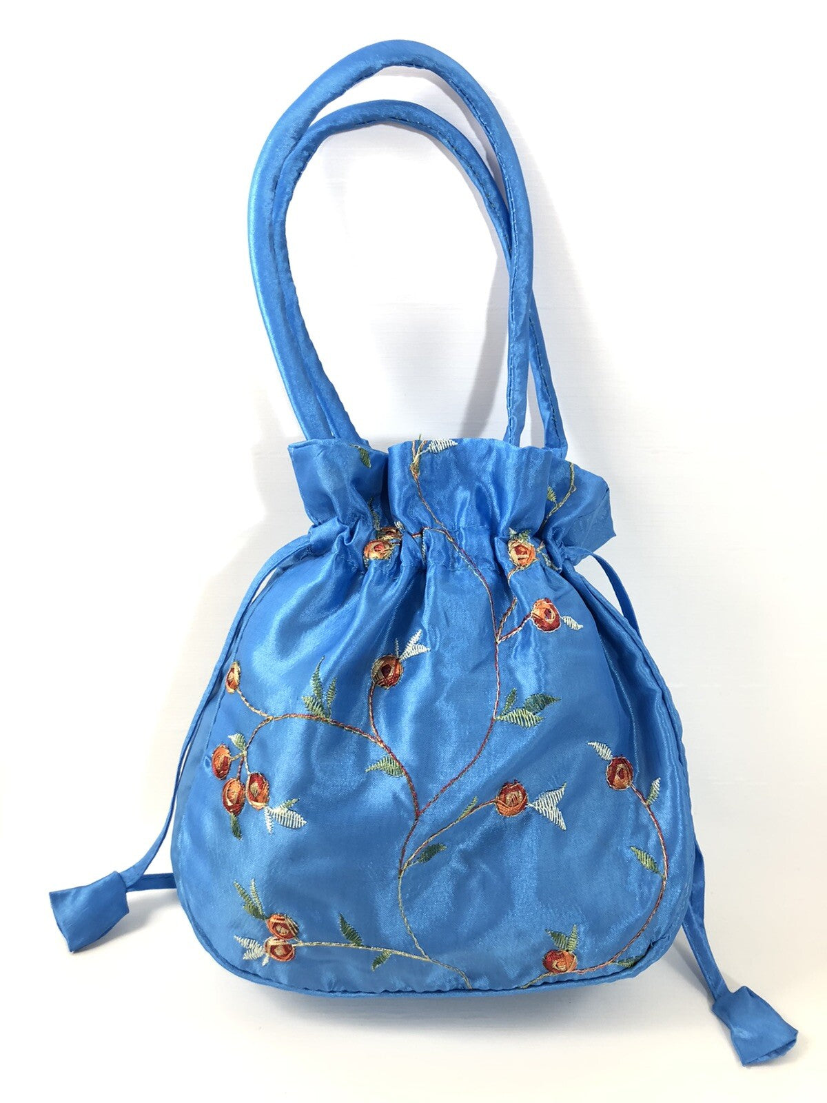 Blue Satin Rose Pattern Drawstring Cosmetic Bag, Makeup Storage Pouch