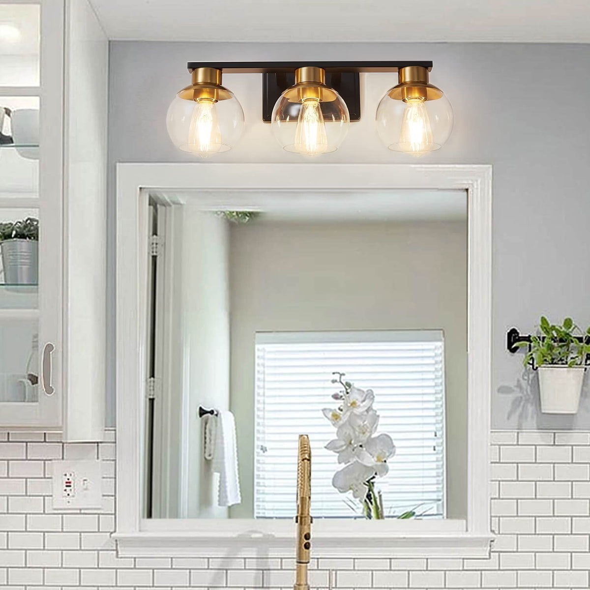 3-Light Bathroom Vanity Light Fixture in Black and Gold with Globe Glass Shades