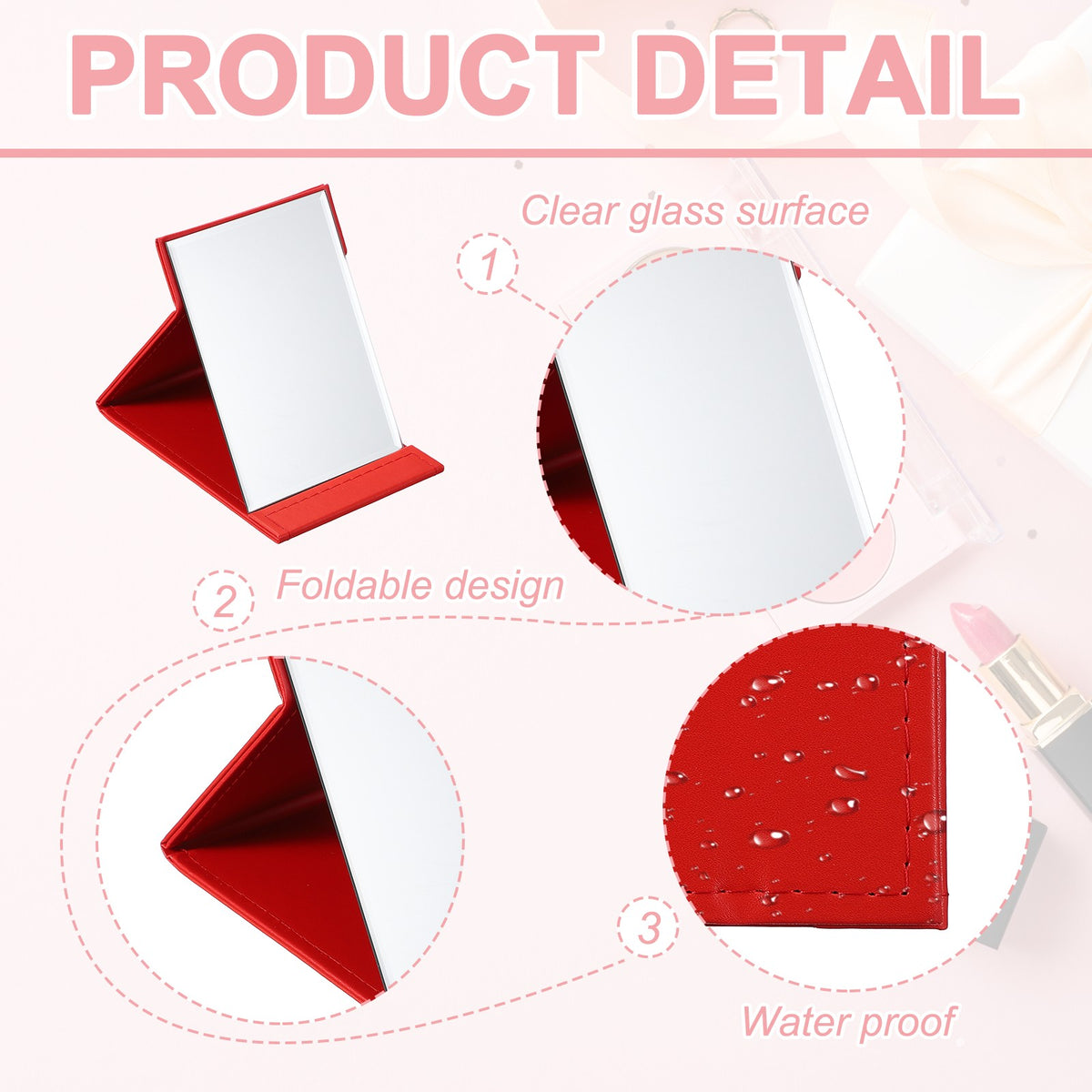 Portable Foldable Desk Mirror with Stand - 4.8x6.7 Inch Travel Makeup Mirror in Red