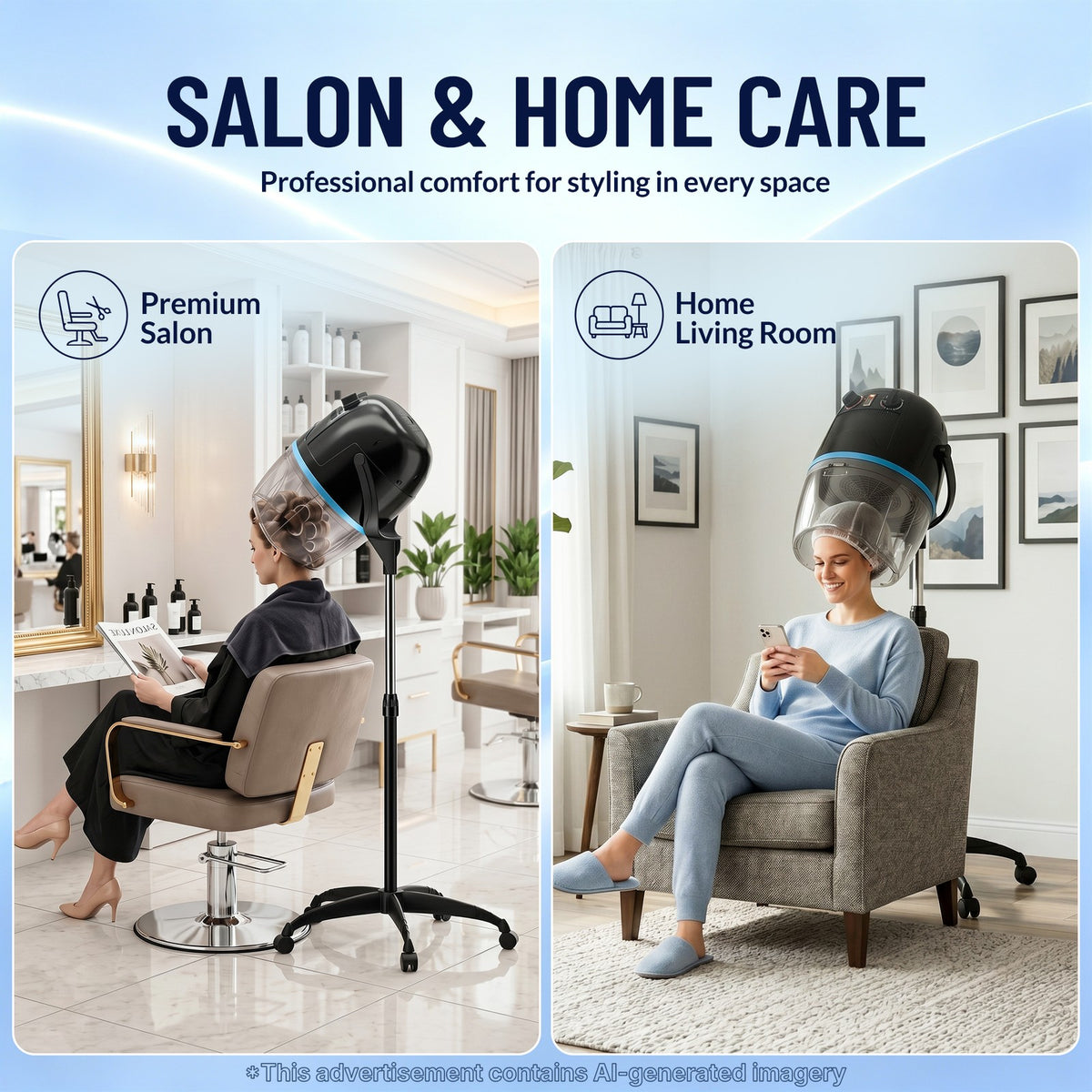 Hooded Hair Dryer Rolling Salon Bonnet 1300W Standing Adjustable