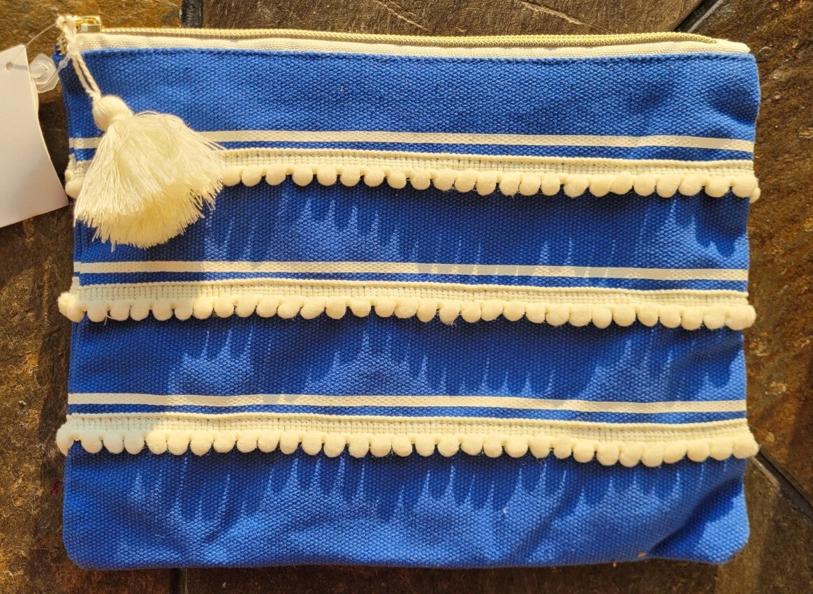 Blue & White Pom Pom Canvas Travel Accessory Pouch with Tassel