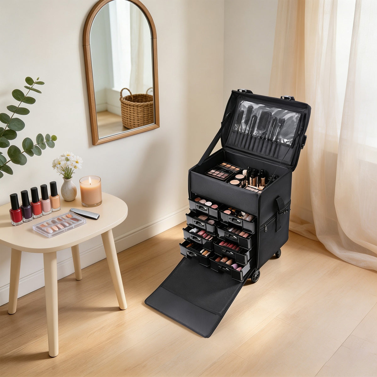 Professional Rolling Makeup Case with Drawers Travel Trolley - Black