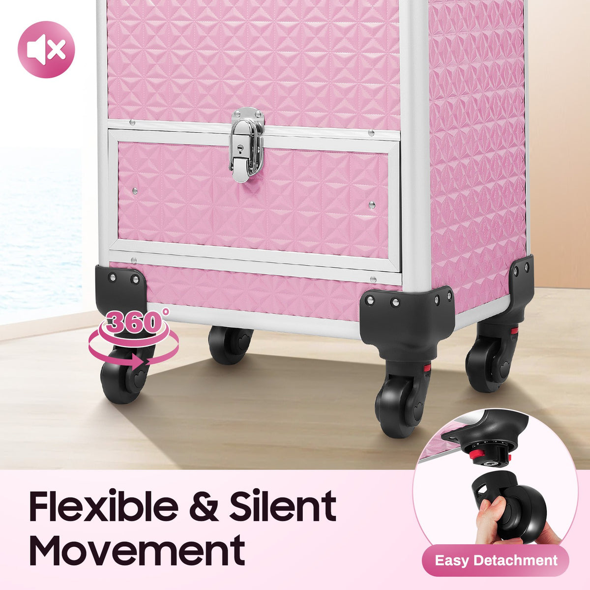 Pink Rolling Makeup Organizer Case with Wheels and Drawers