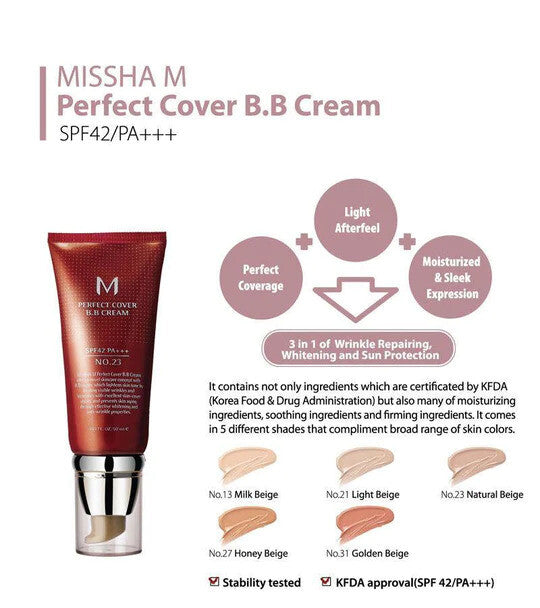 Missha M Perfect Cover BB Cream 50ml - Multi Shade, UV, Wrinkle & Whitening
