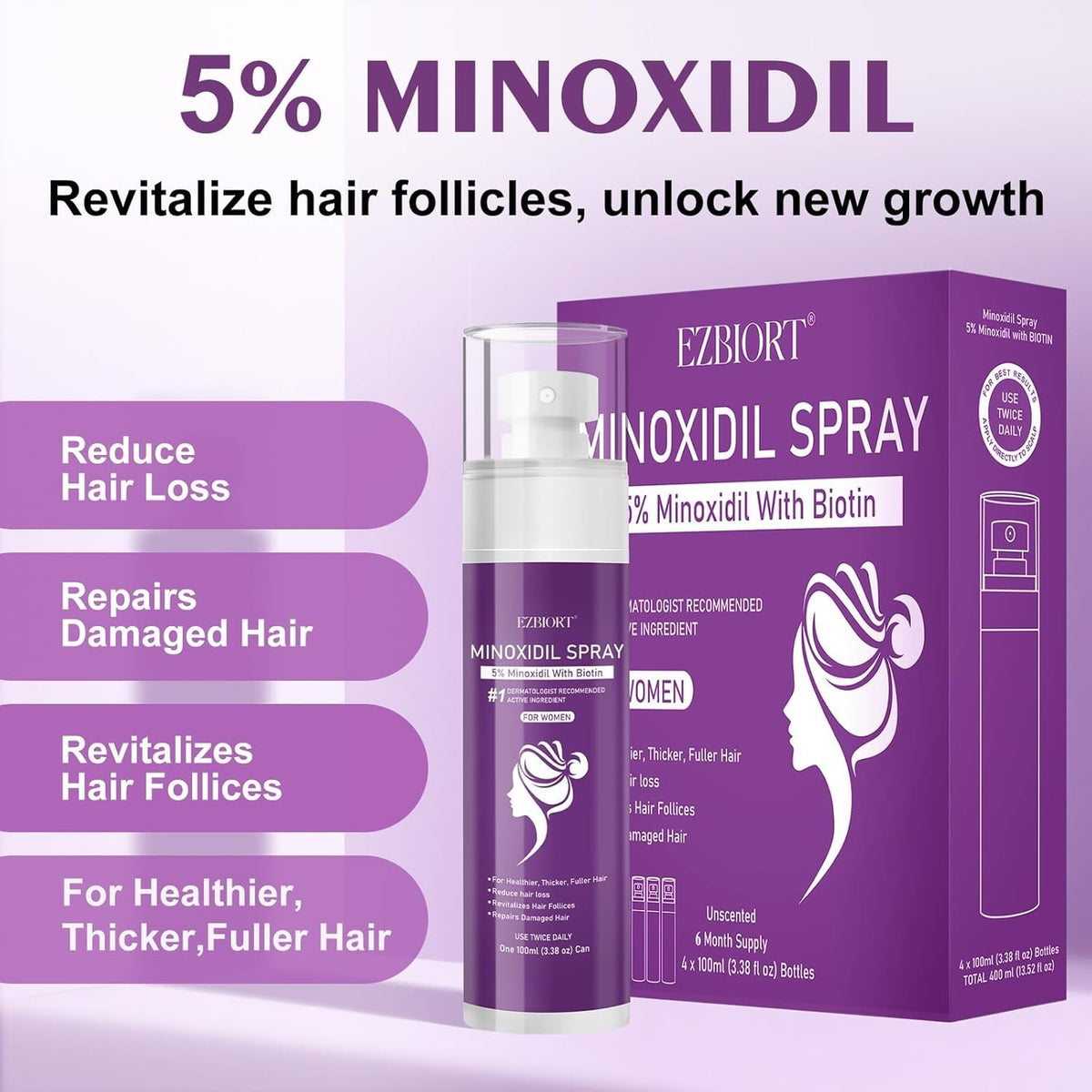 EZBIORT Minoxidil Spray 5% With Biotin - 6 Month Supply Exp 8/2027