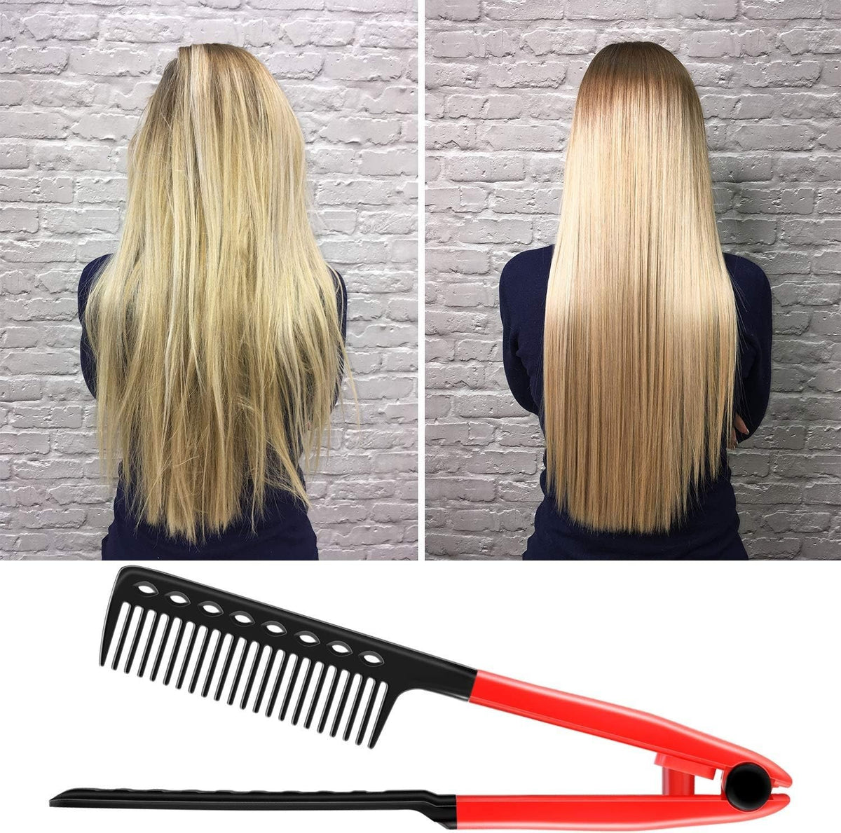 V-Shaped Hair Straightening Comb Set - 2 Pack, Red & Black, Travel Friendly
