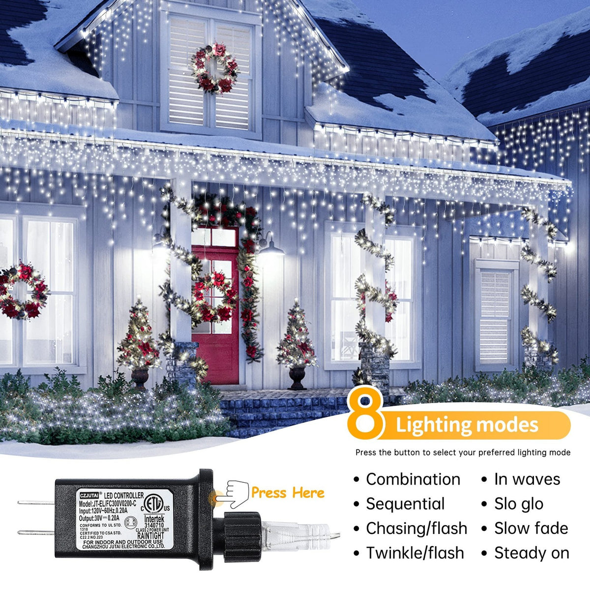 White Christmas Icicle Lights 300 LED 33FT Waterproof String Curtain Lights