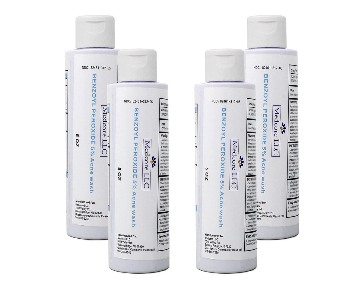 Medcore Benzoyl Peroxide 5% Acne Wash - 5 oz, Pack of 4 for Acne Treatment