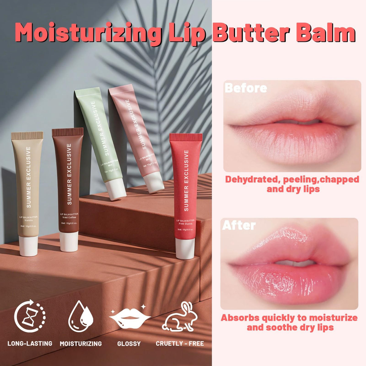 Hydrating Summer Tinted Lip Balm Set with Shea & Olive Oil - Natural Moisturizer