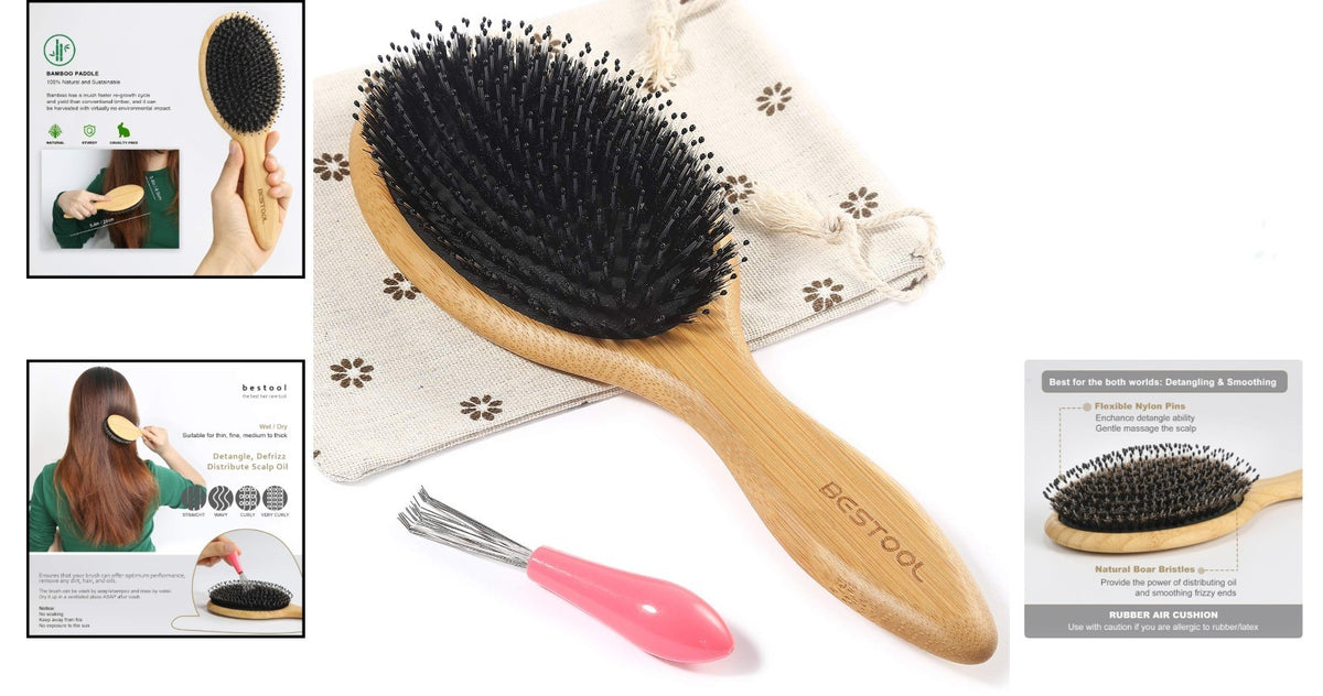 Anti-Dandruff Boar Bristle Hair Brush with Bamboo Handle - Gift Ready