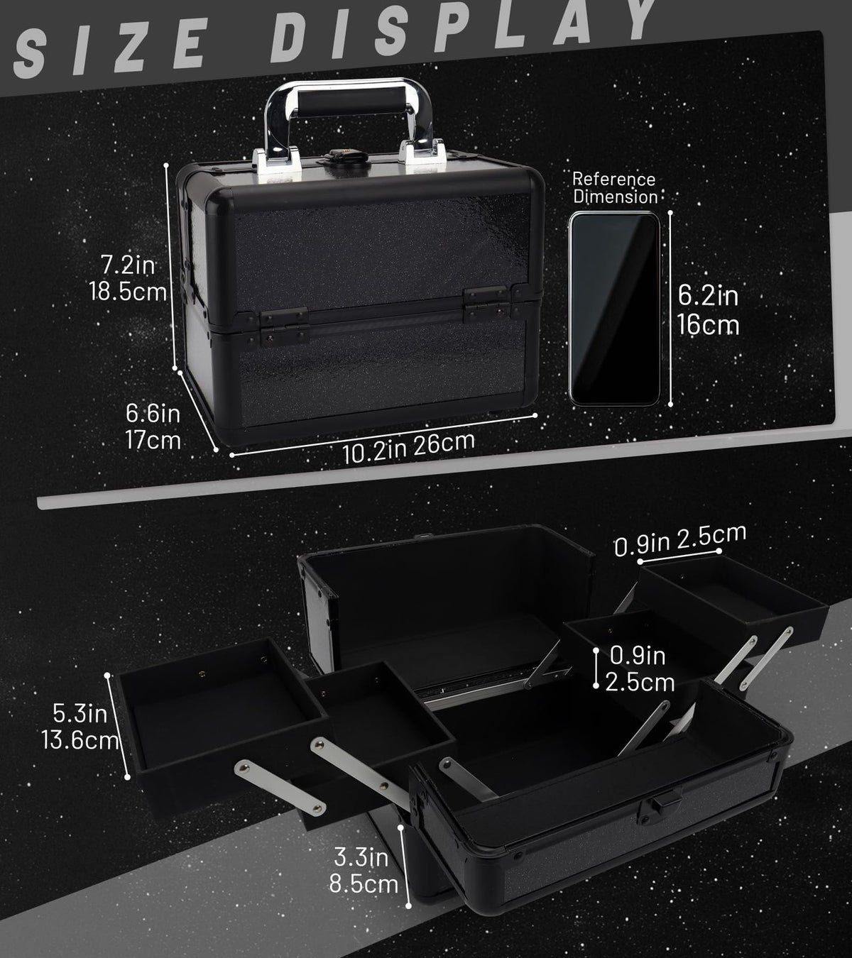 Makeup Train Case 10.2 Inch with 4 Trays - Starry Black Cosmetic Organizer Box