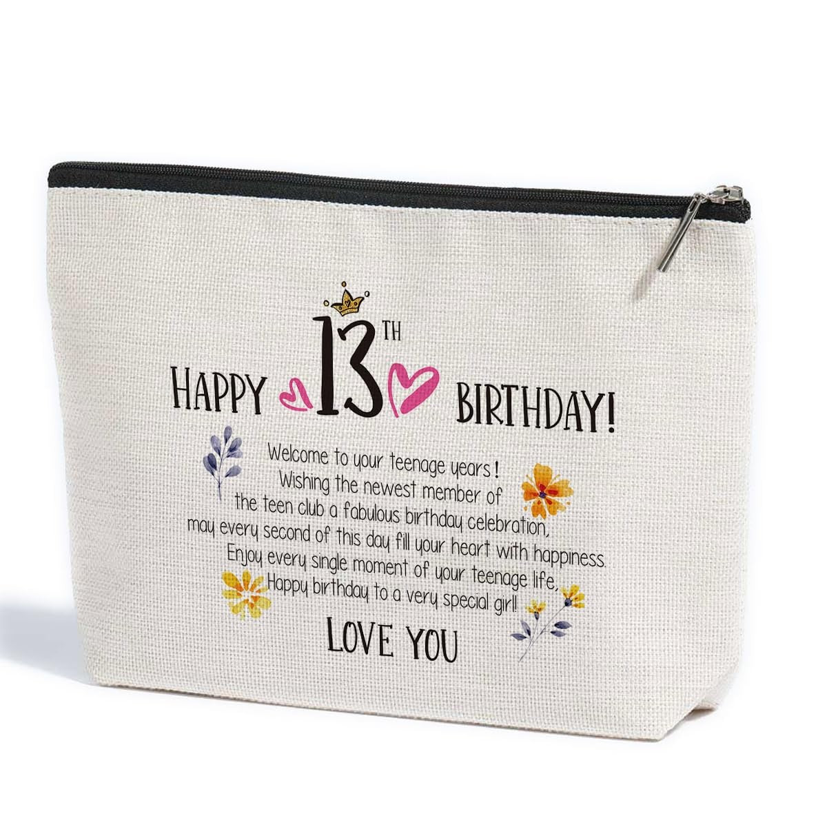 13th Birthday Gift for Girls - Water-Resistant Makeup Bag with Heart Zipper