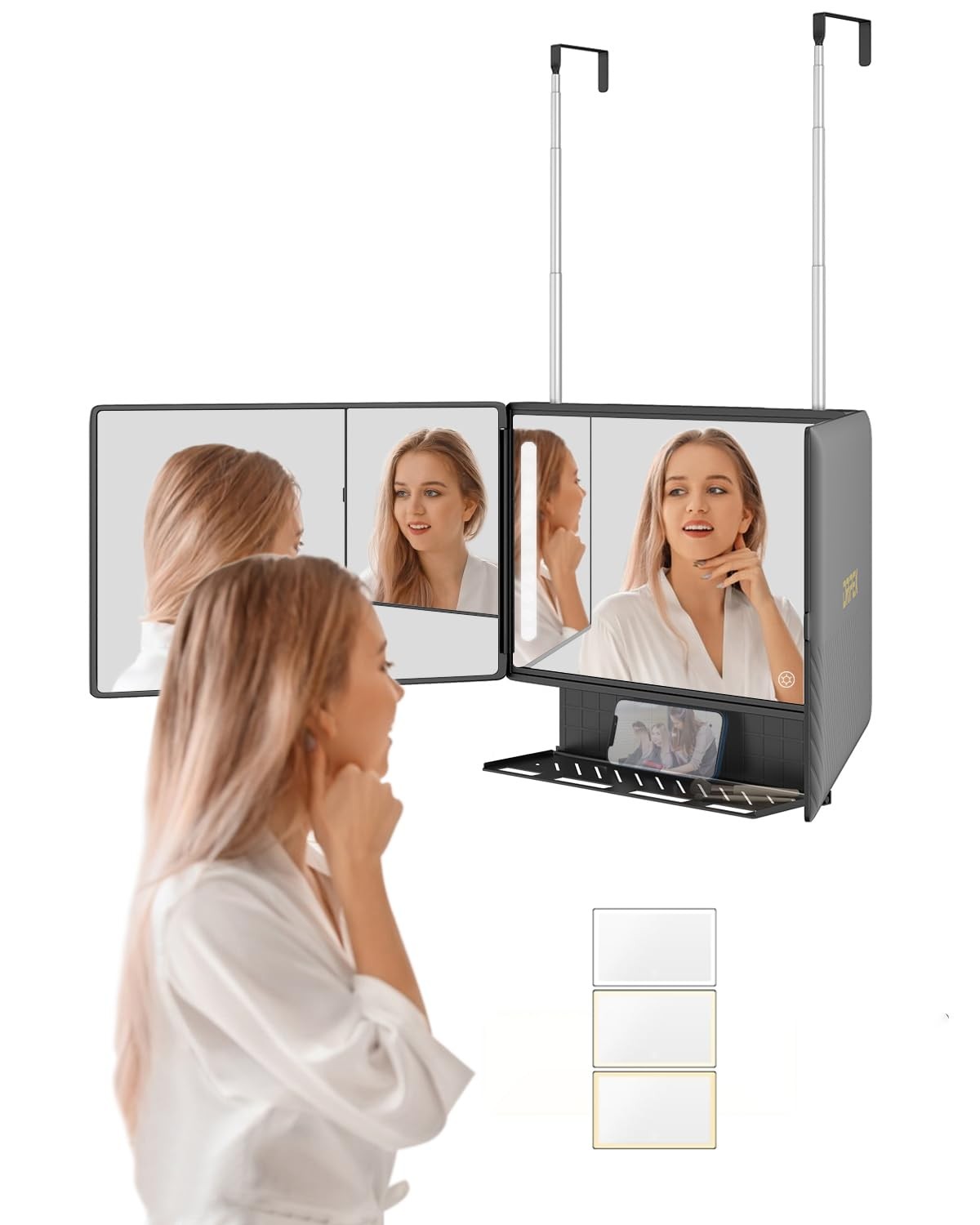 Rechargeable 3-Way Mirror with Storage Shelf & LED Lights for Grooming