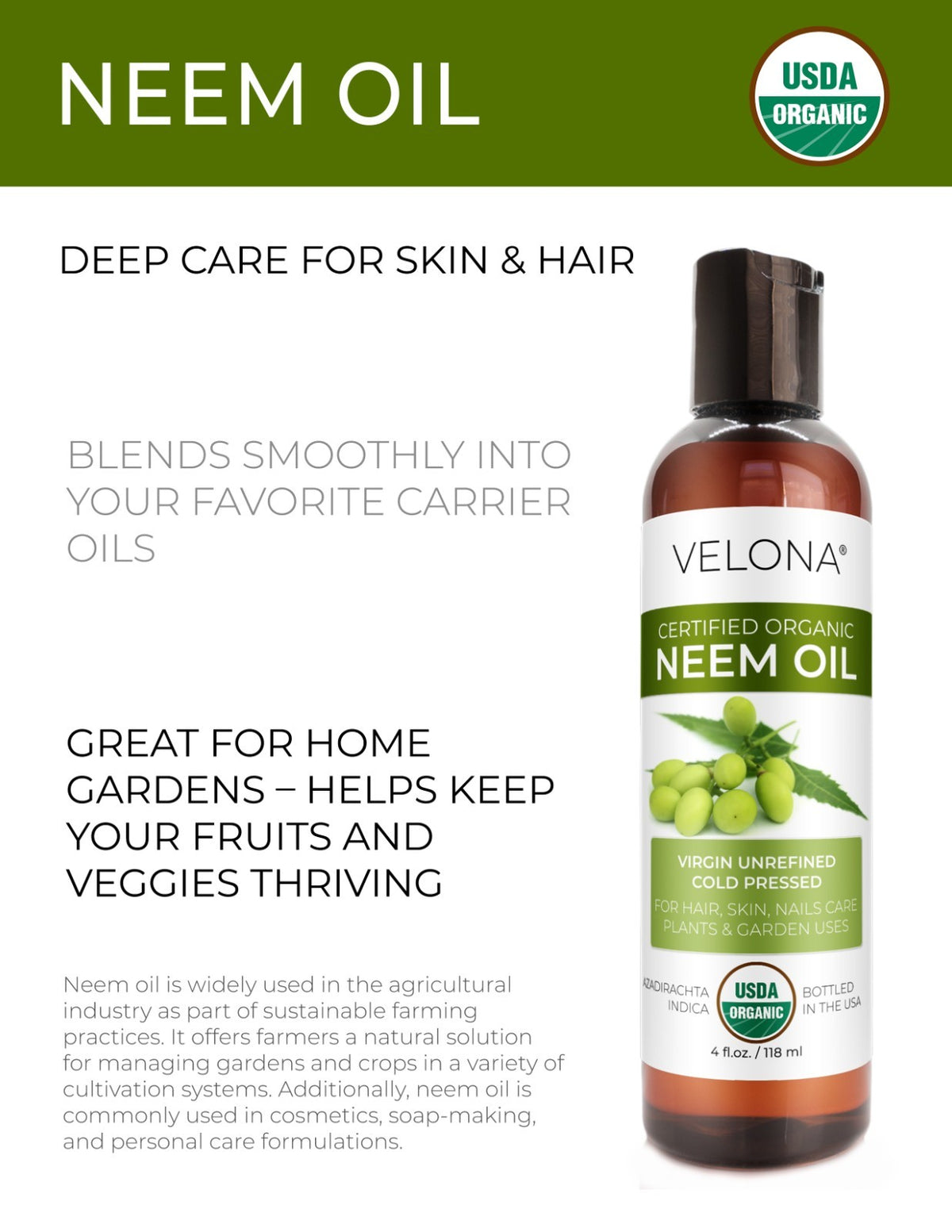 Organic Neem Oil - Cold Pressed, Pure & Unrefined