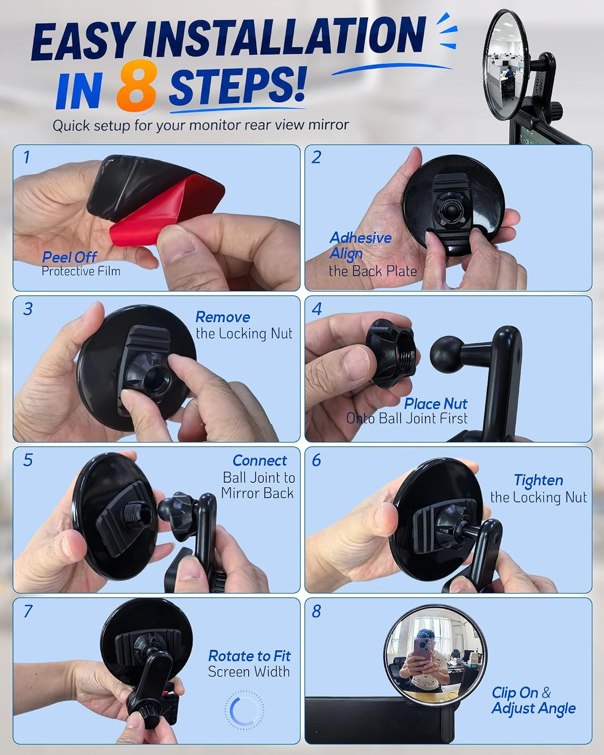 3.8 Inch Clip-On Convex Computer Monitor Mirror for Behind View