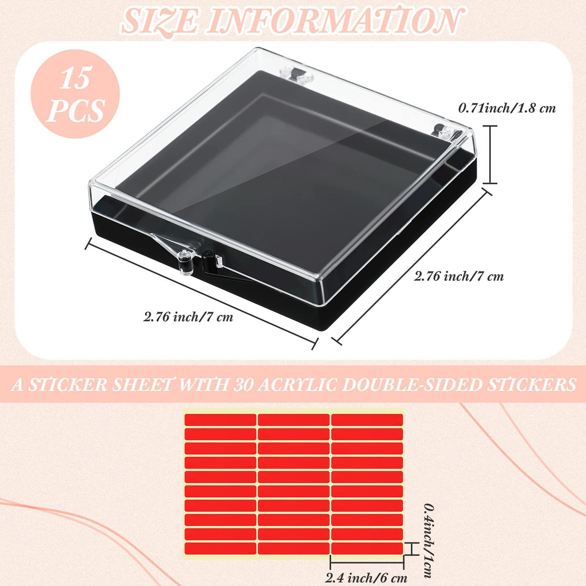 15 Pcs Clear Nail Art Storage Boxes with Double-Sided Adhesive Stickers