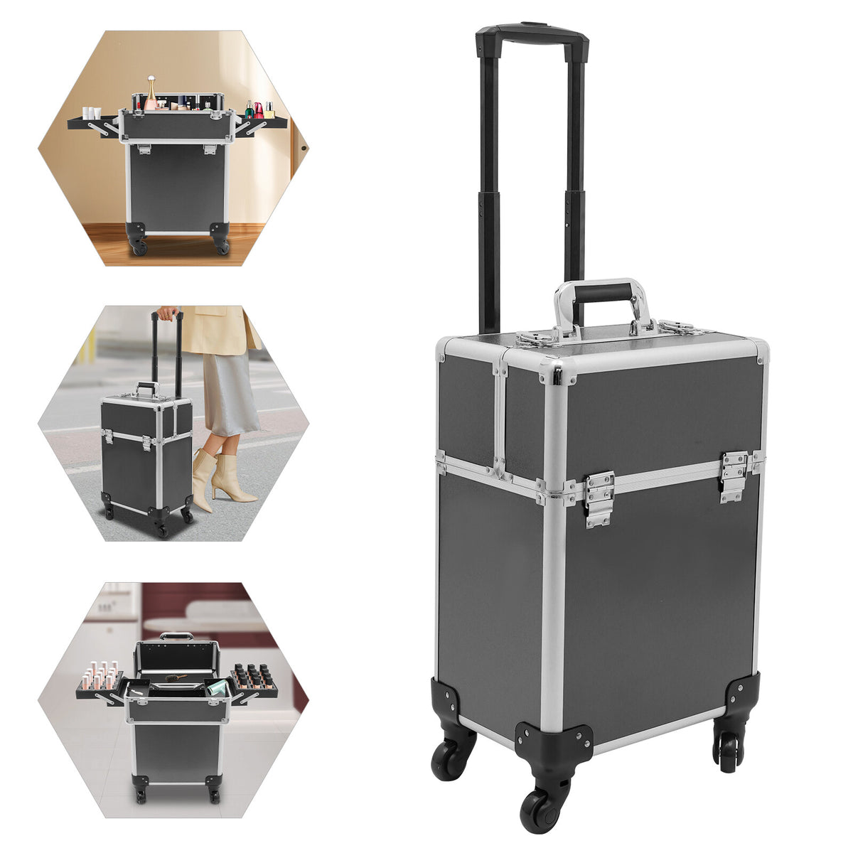 Rolling Makeup Train Case Cosmetic Trolley with Wheels Black