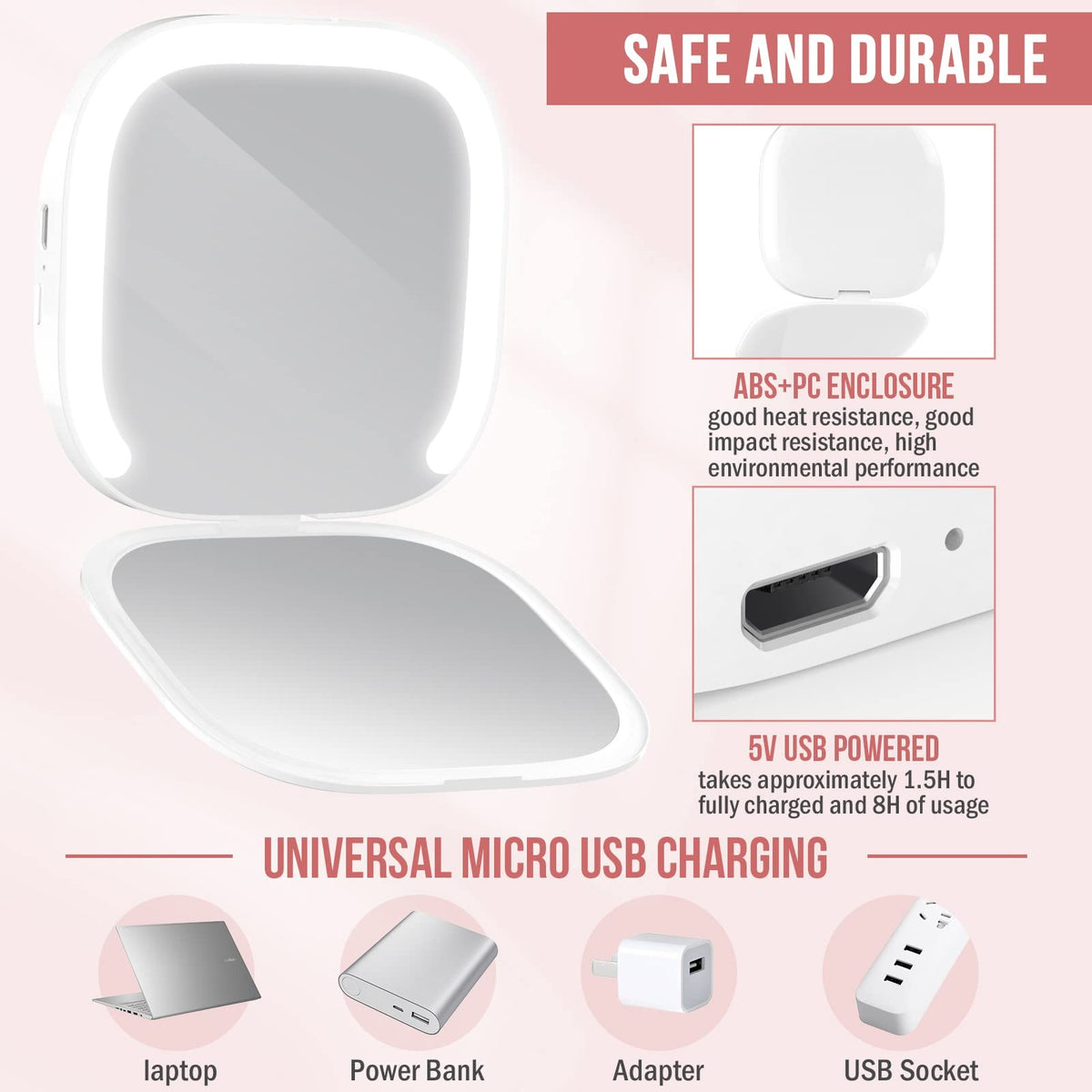 Rechargeable LED Compact Makeup Mirror with 3X Magnification and Adjustable Light