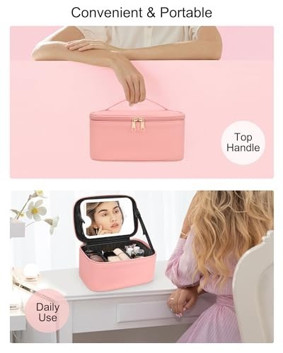 LED Makeup Bag with Light Up Mirror, Travel Cosmetic Organizer, Rechargeable