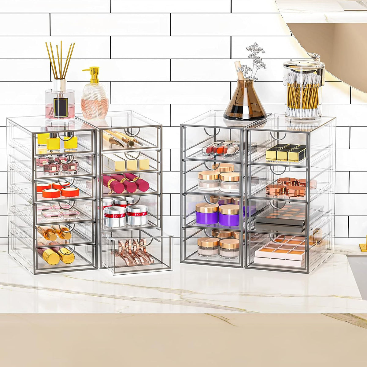 4 Pack Acrylic Makeup Organizer with 19 Drawers - Clear Vanity Storage