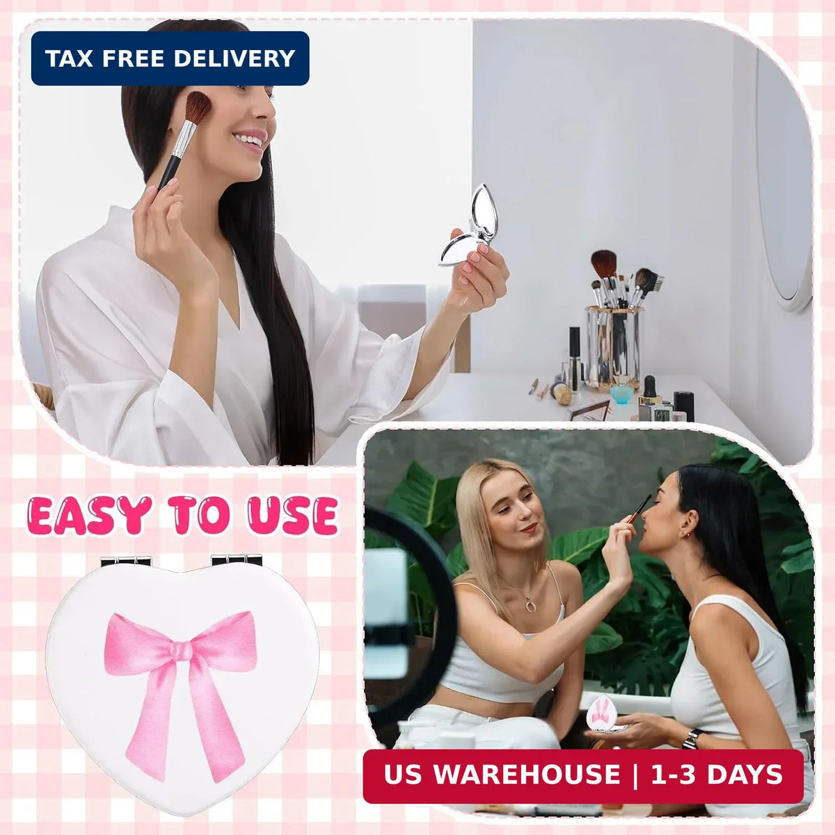 Pink Heart-Shaped Compact Mirror Set for Women & Girls - Cute Aesthetic, Portable Makeup Mirrors, 3 Pack