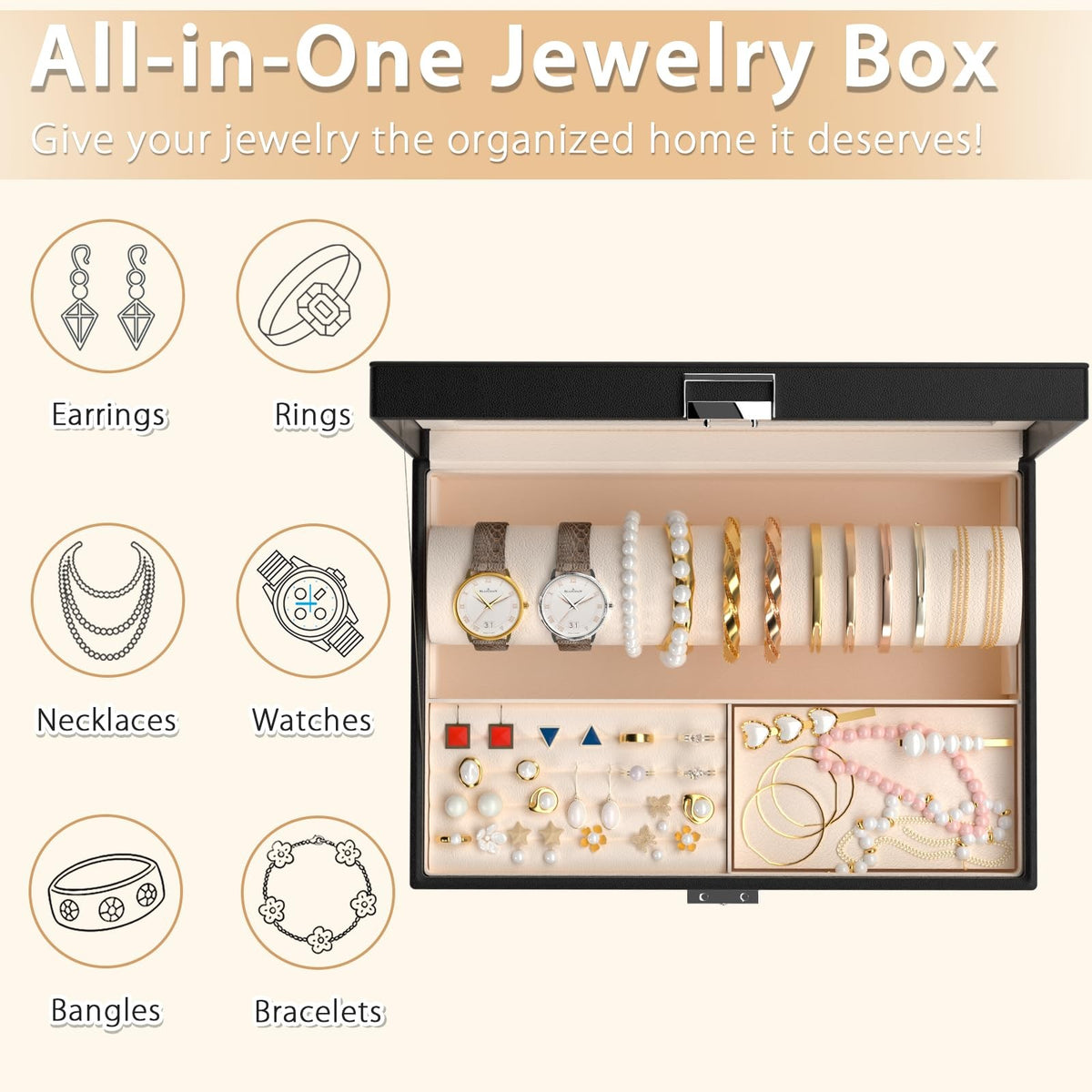 Jewelry Organizer Box with Glass Lid and Bracelet Holder - Black