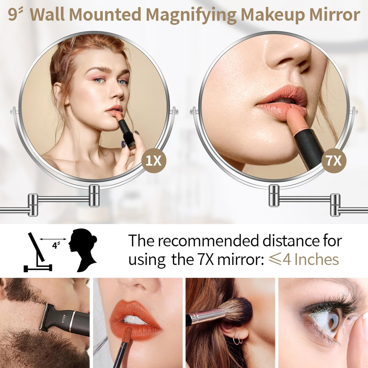 Large Wall Mounted Makeup Mirror 1X/7X Magnification, 9-Inch Chrome
