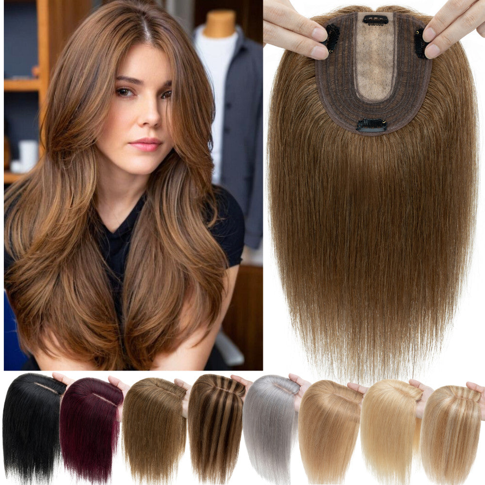 Human Hair Topper Clip-In Hairpiece with Silk Base - Brown, 6-12 Inches