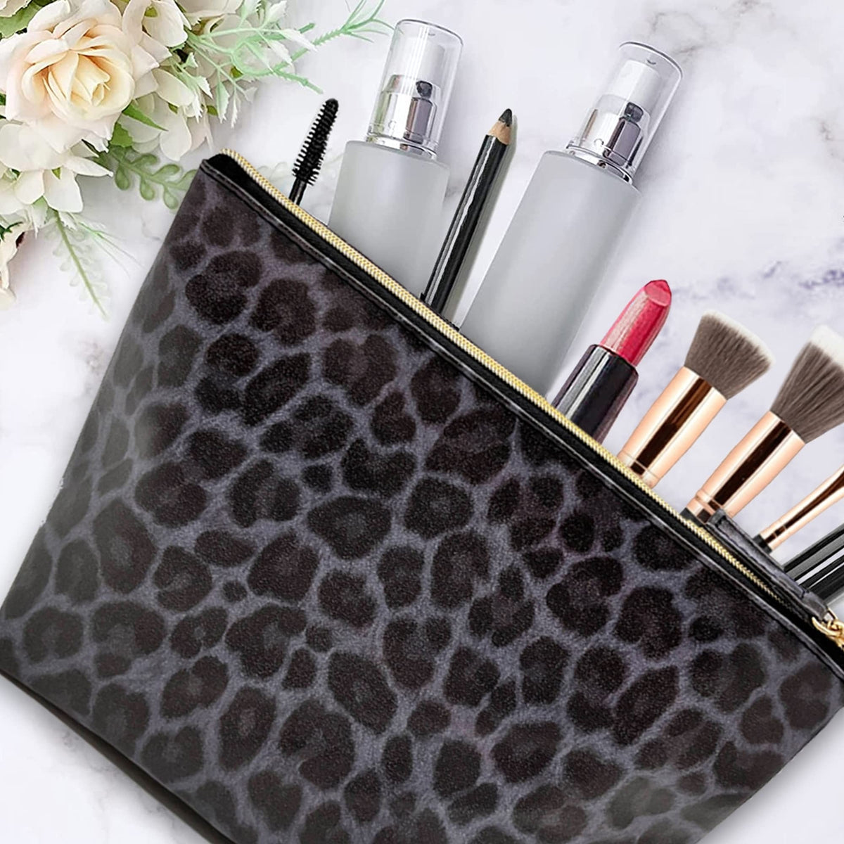 Vegan Leather Leopard Print Makeup Bag for Travel & Purse - Small Cosmetic Organizer