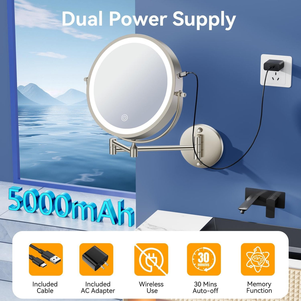 Rechargeable 9-Inch Wall Mounted Lighted Makeup Mirror with 30X Magnification, Dimmable LED, Extendable Arm