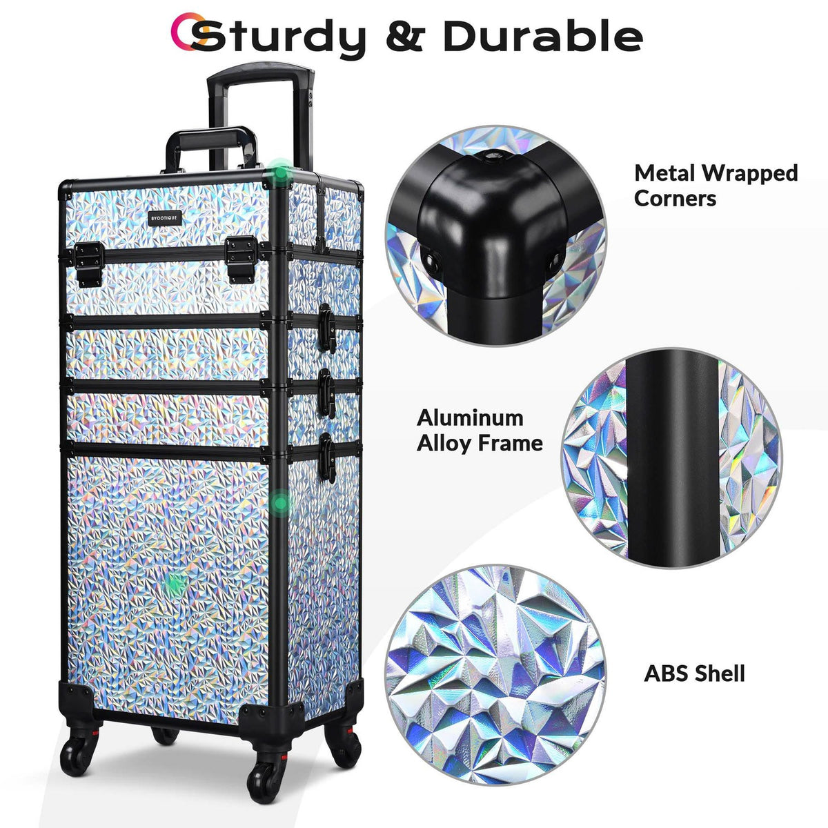 Rolling Makeup Train Case with 4-in-1 Adjustable Compartments and Silver Gradient Design