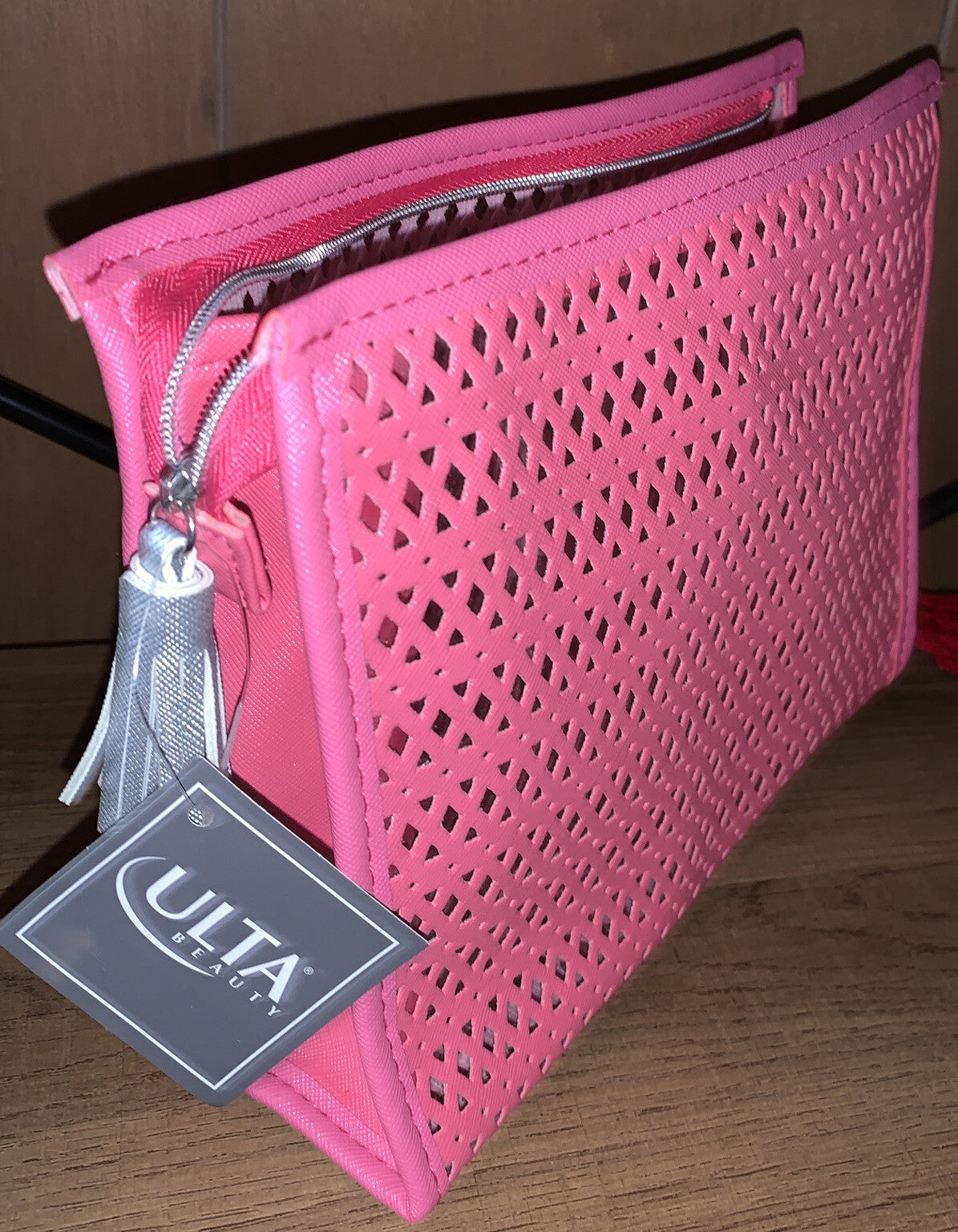 Makeup Cosmetic Bag with Coral Pink Diamond Cutout and Silver Zipper Tassel
