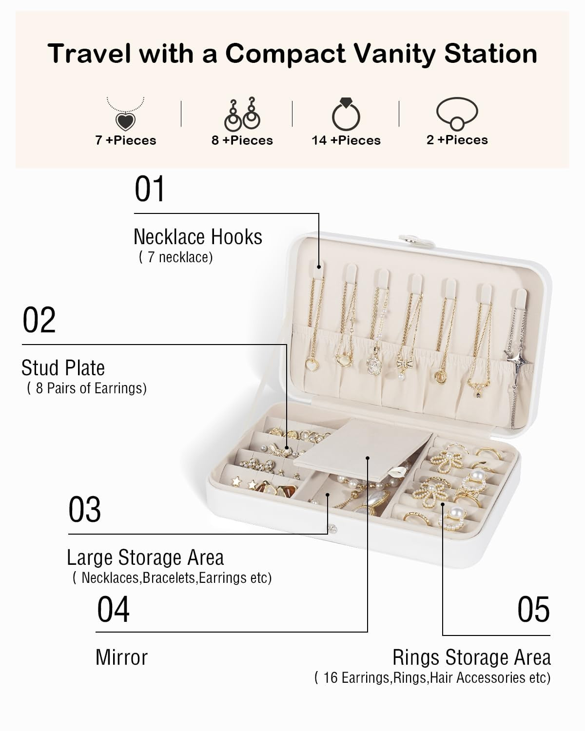 Travel Jewelry Case - Portable Organizer with 1 Layer in White