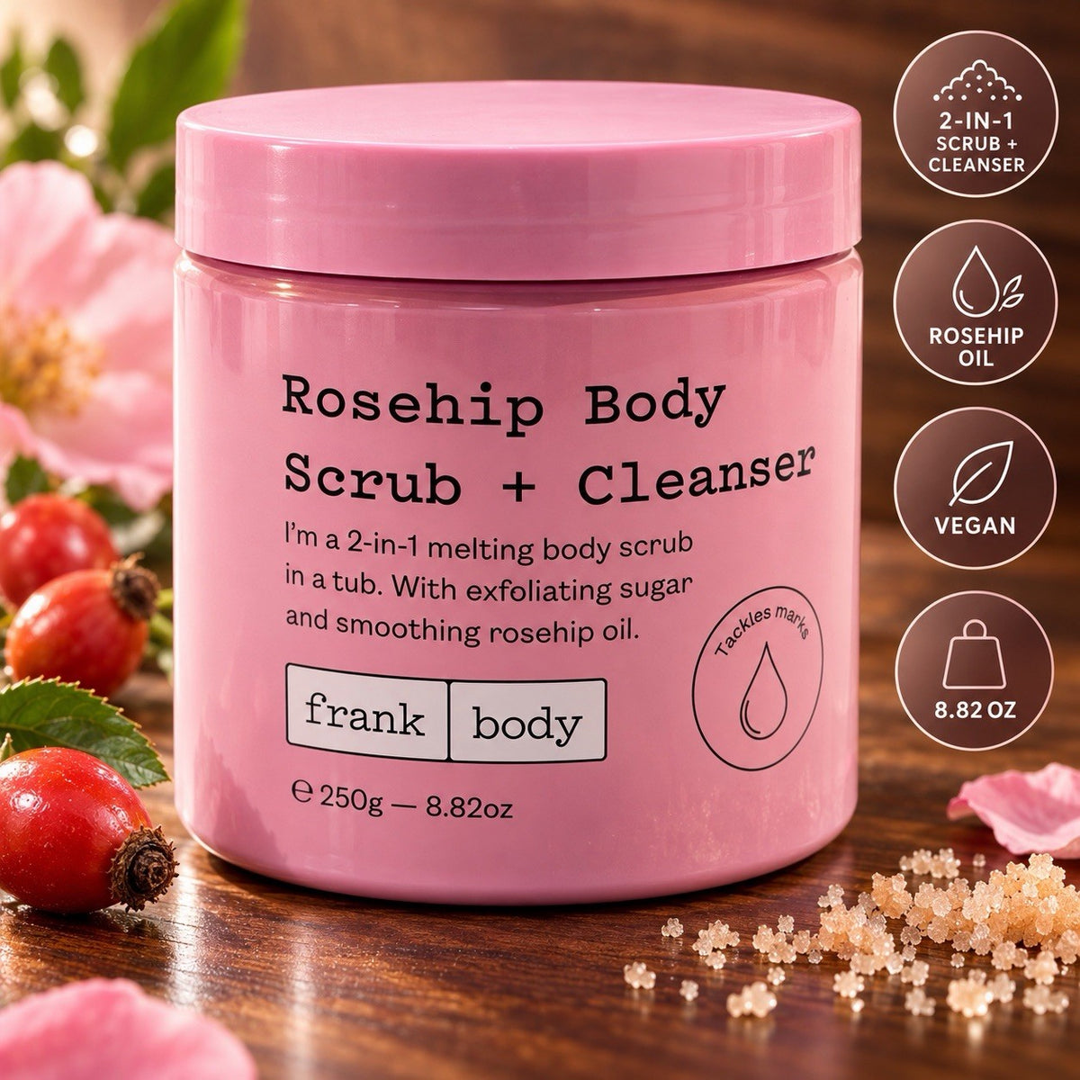 Frank Body Rosehip Scrub + Cleanser 8.82 oz 2-in-1 Vegan Australia