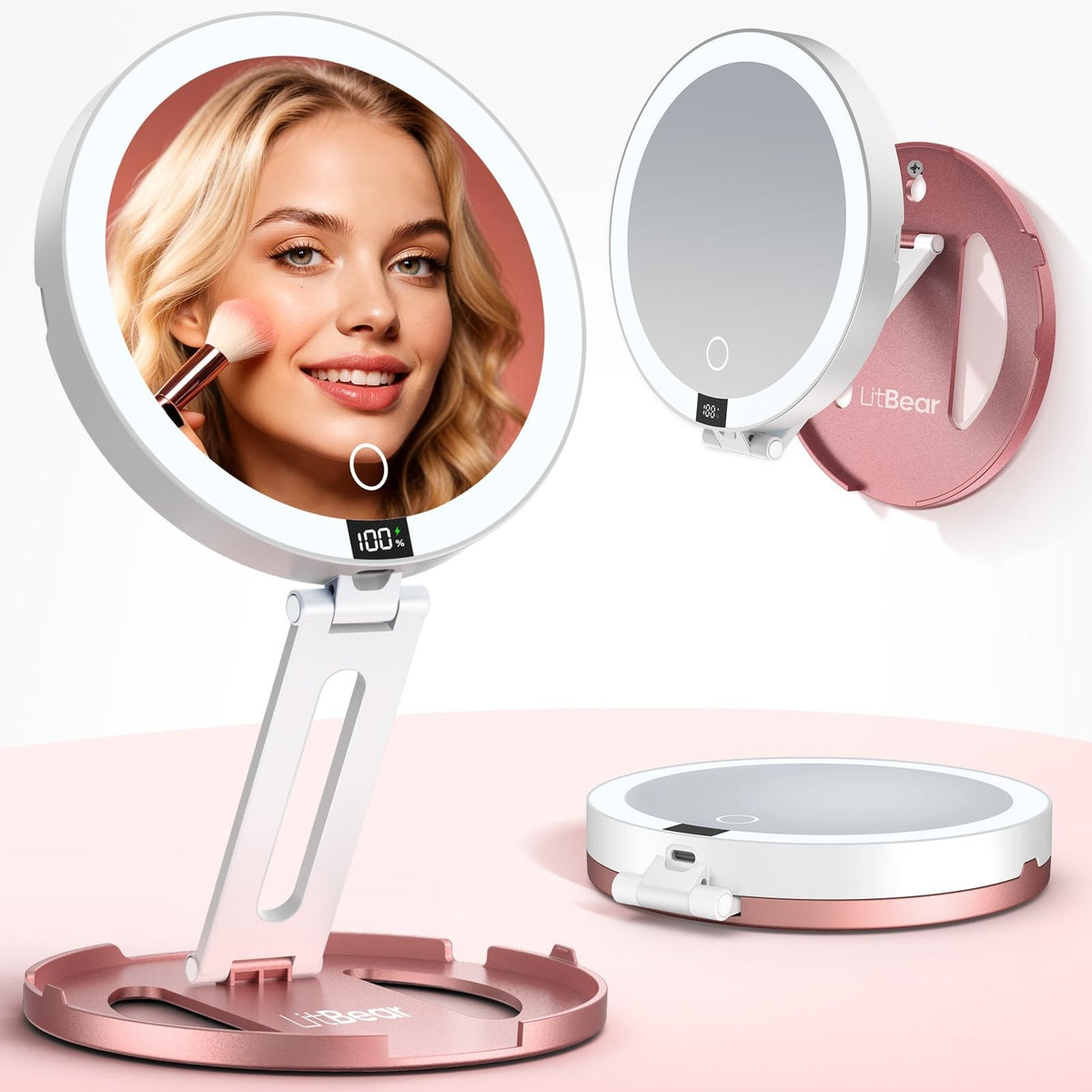 Travel Makeup Mirror with Lights, 10X/1X Double-Sided, Rechargeable & Foldable
