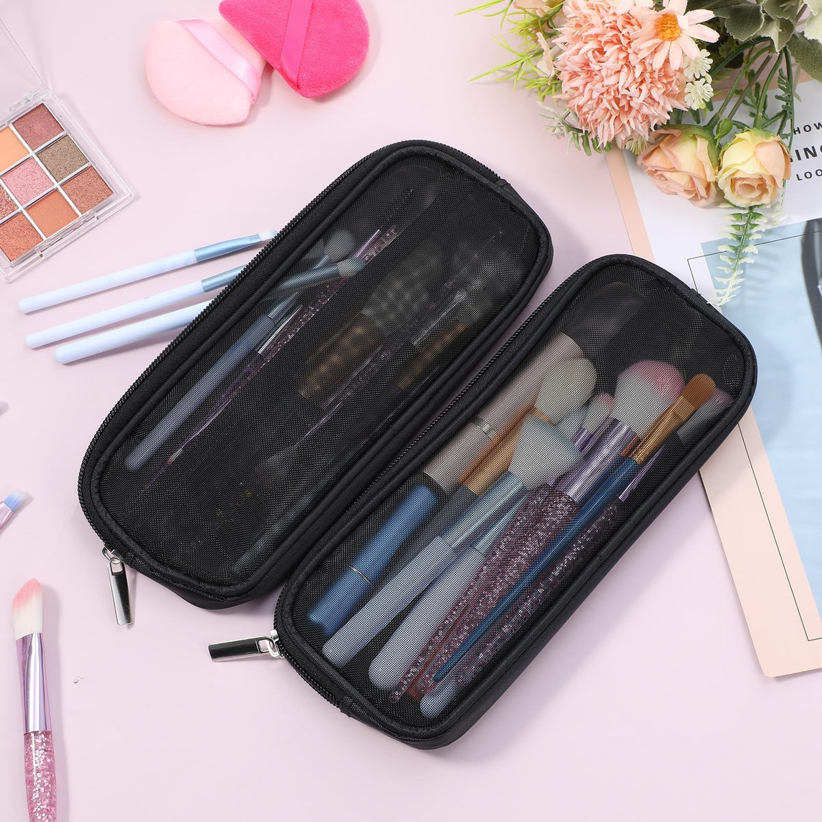 Mesh Makeup Brush Bag - Portable Travel Toiletry Organizer - Black Nylon 2 Pack