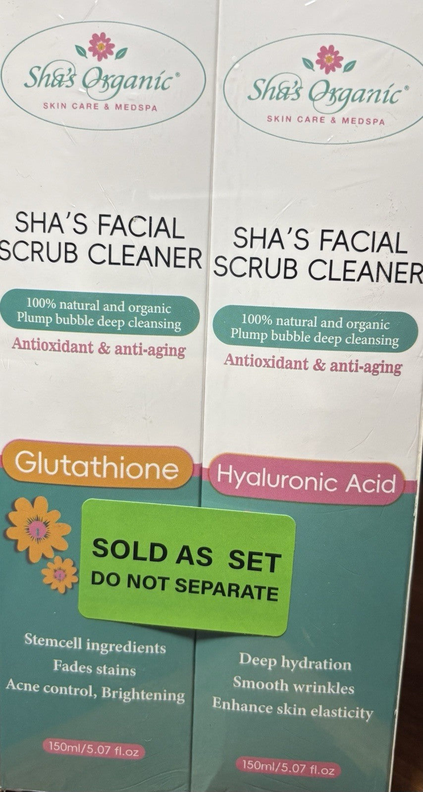 Sha's Organic Facial Scrub Cleaner Hyaluronic Acid + Glutathione 150