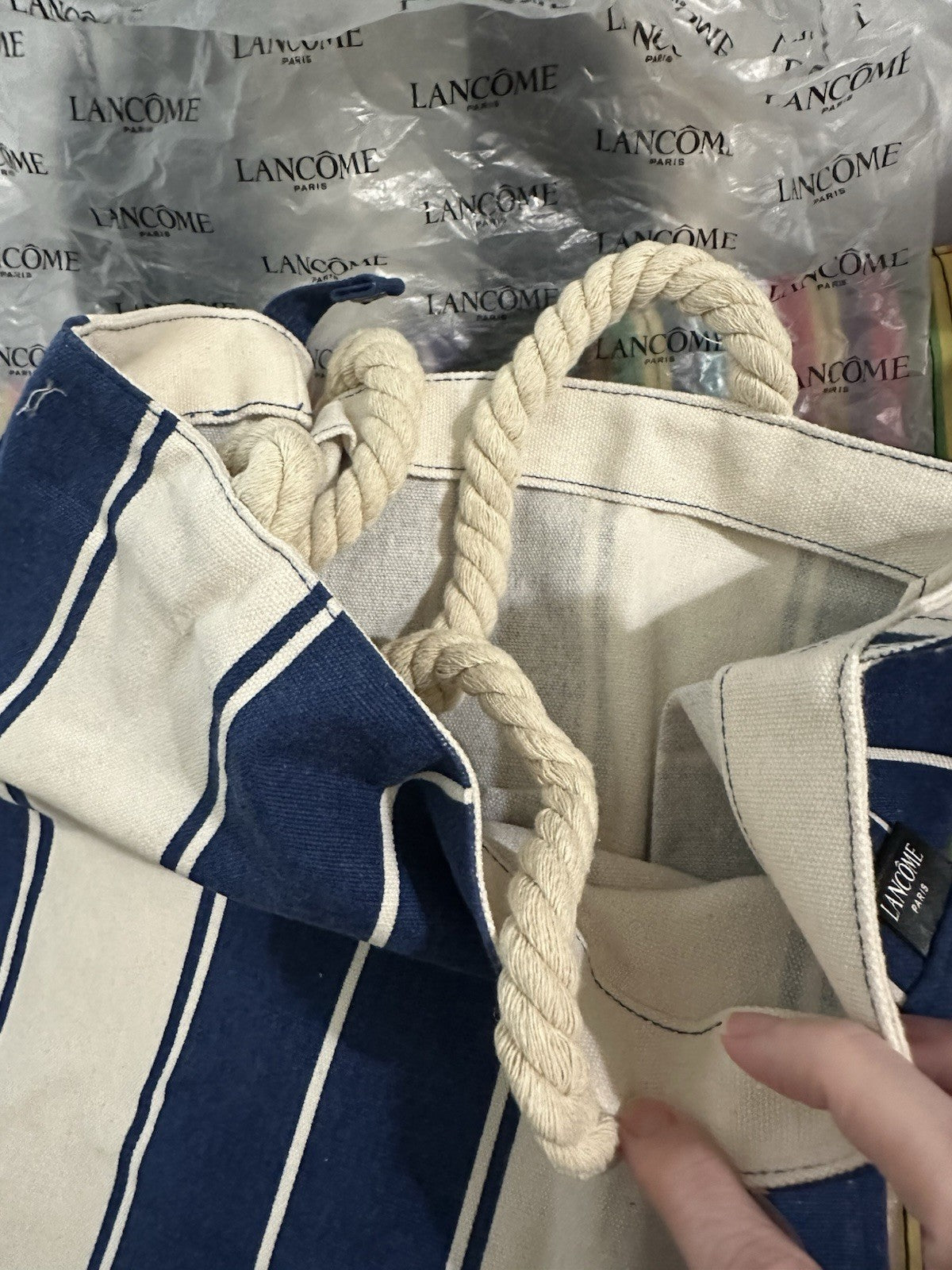 Large Nautical Canvas Tote Bag - Navy Blue & White Striped Shopping Purse
