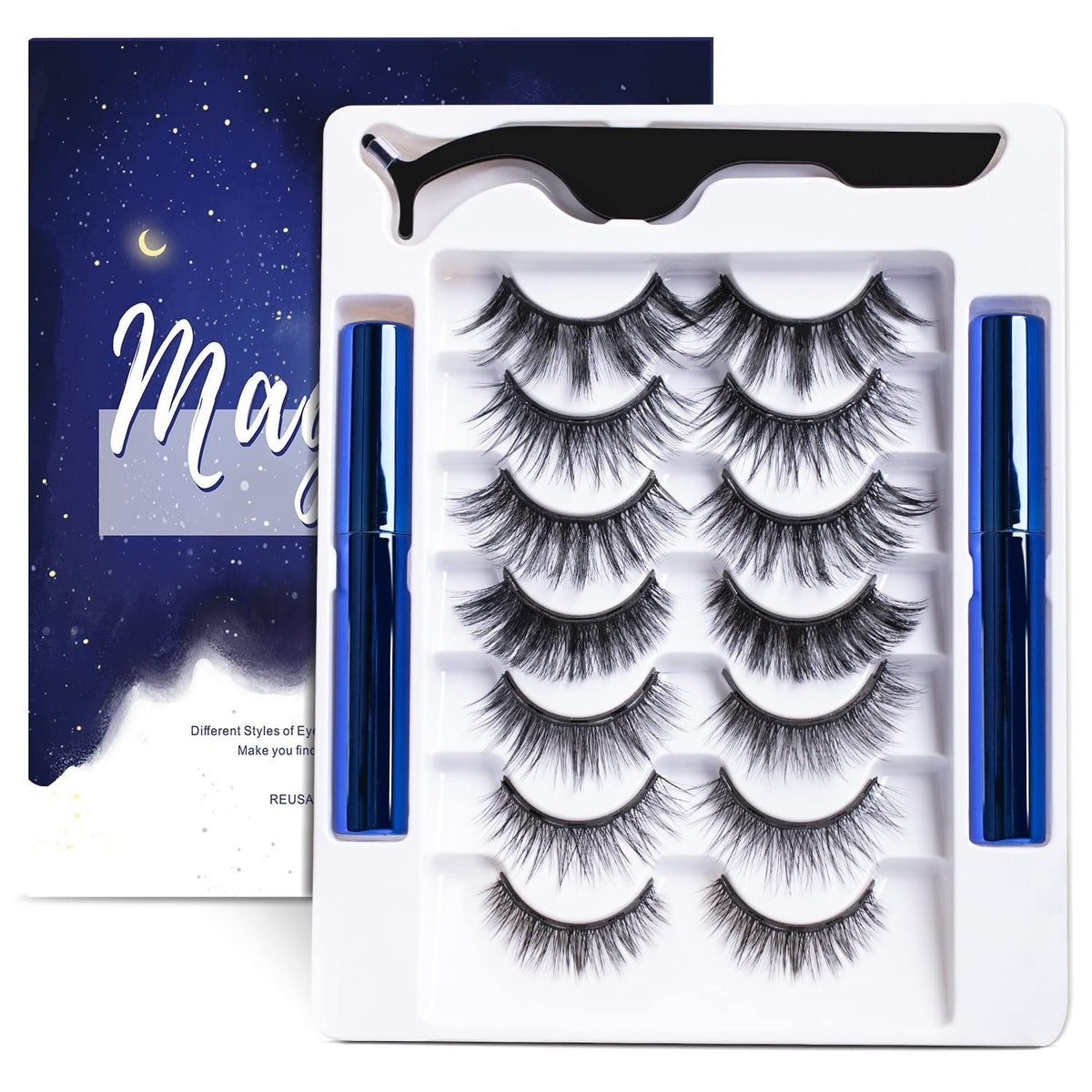 Magnetic Eyelashes and Eyeliner Kit - Reusable 3D Natural Look, 7 Pairs