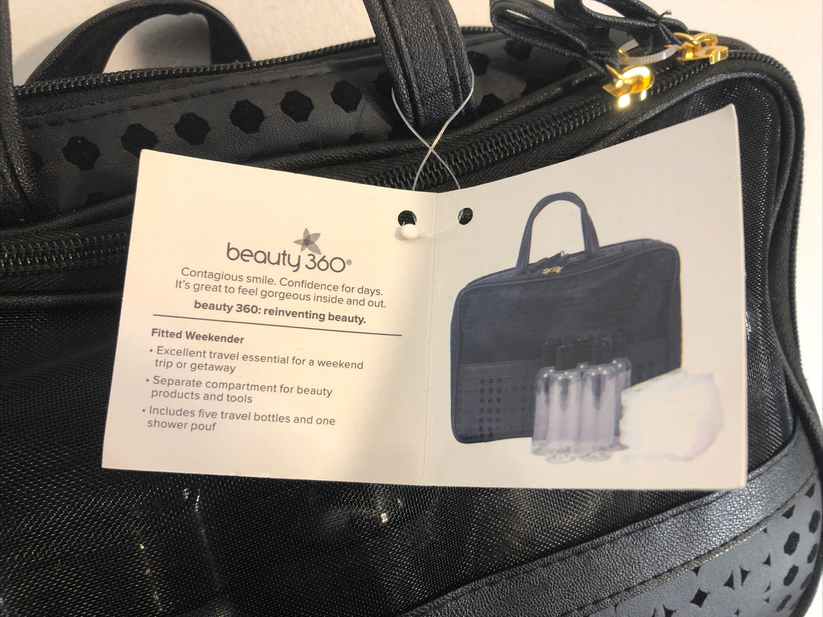 Travel Fitted Weekender Bag with 5 Bottles & Shower Poof - Black