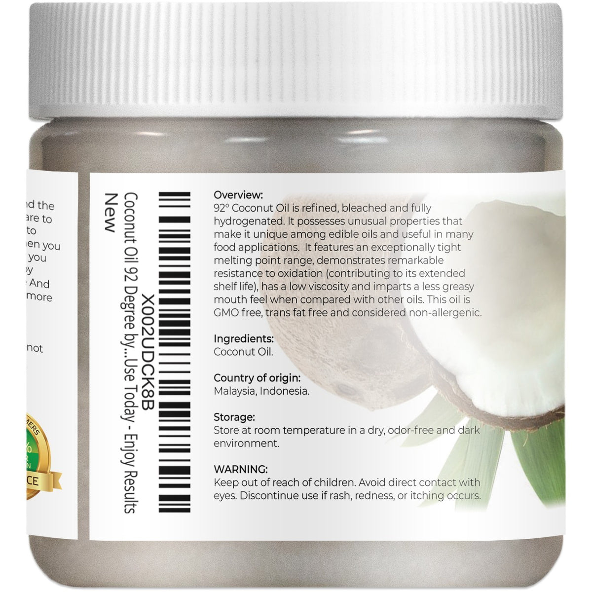 Pure Refined Coconut Oil 92 Degree - Multiple Sizes for Skincare & Cooking