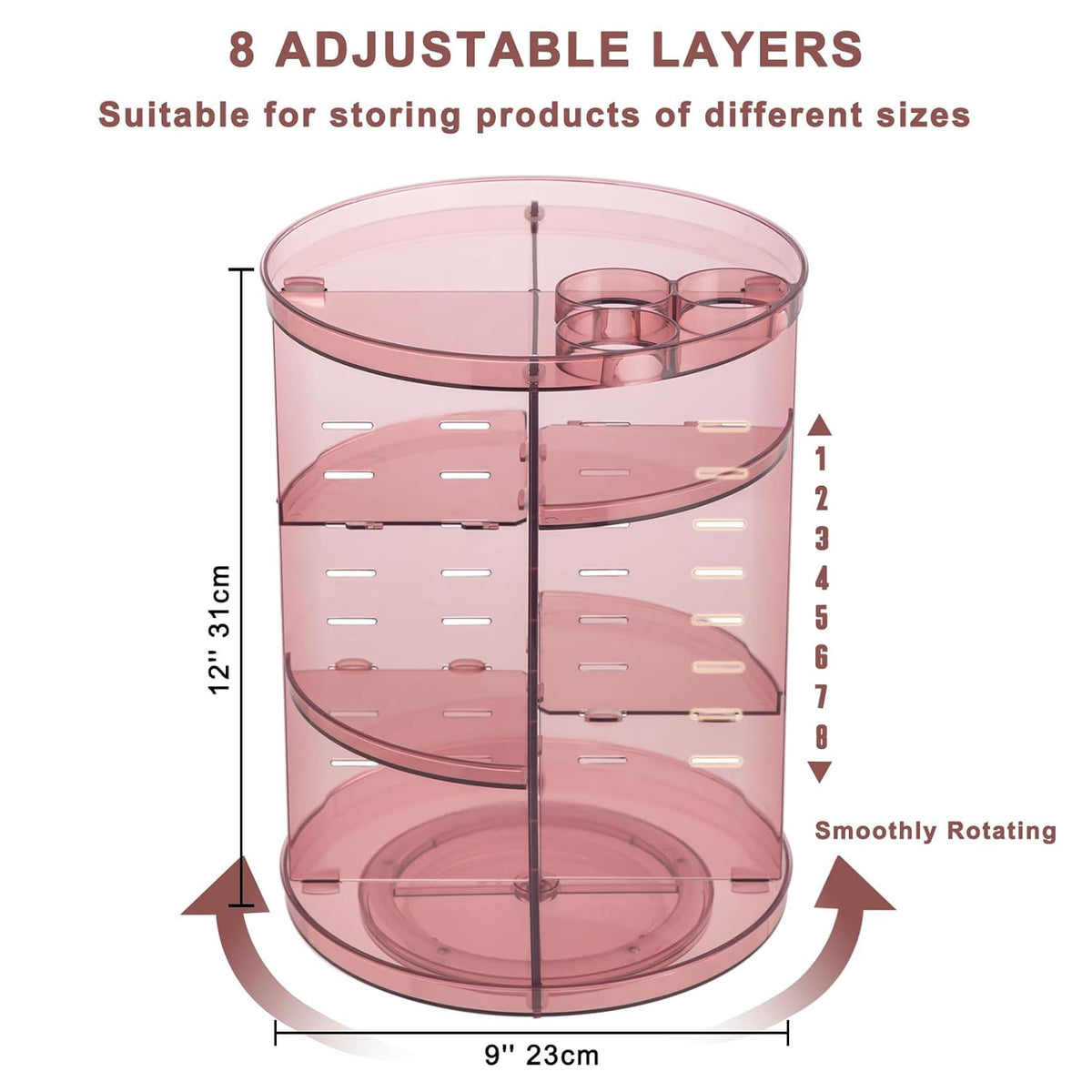 Rotating Makeup Organizer with Adjustable Layers and Silent 360° Spin
