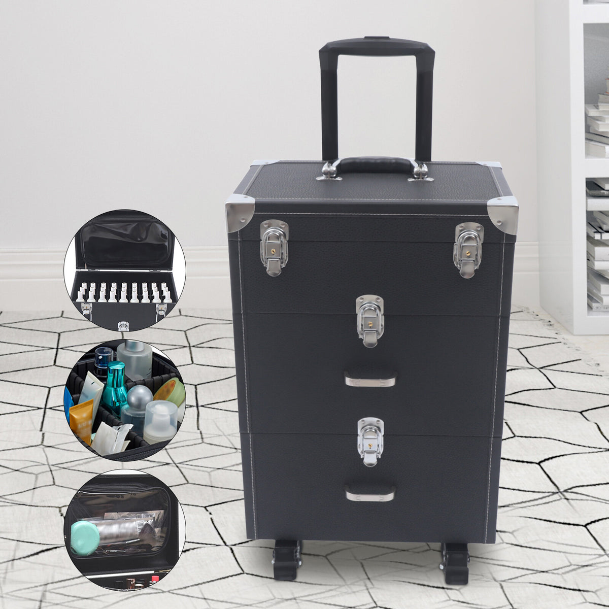 3-Tier Rolling Makeup Organizer Case with Wheels for Cosmetics and Nail Polish Storage
