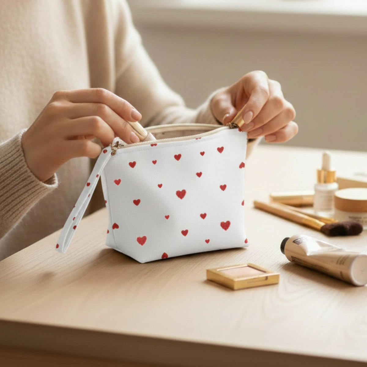 Large Heart Print Cosmetic Bag - Travel Makeup & Toiletry Organizer