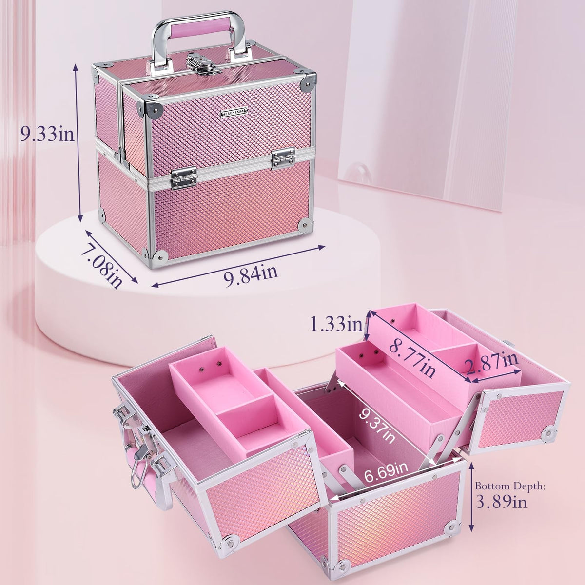 Travel Makeup Case Organizer with Lockable 4-Tier Trays - Mermaid Pink