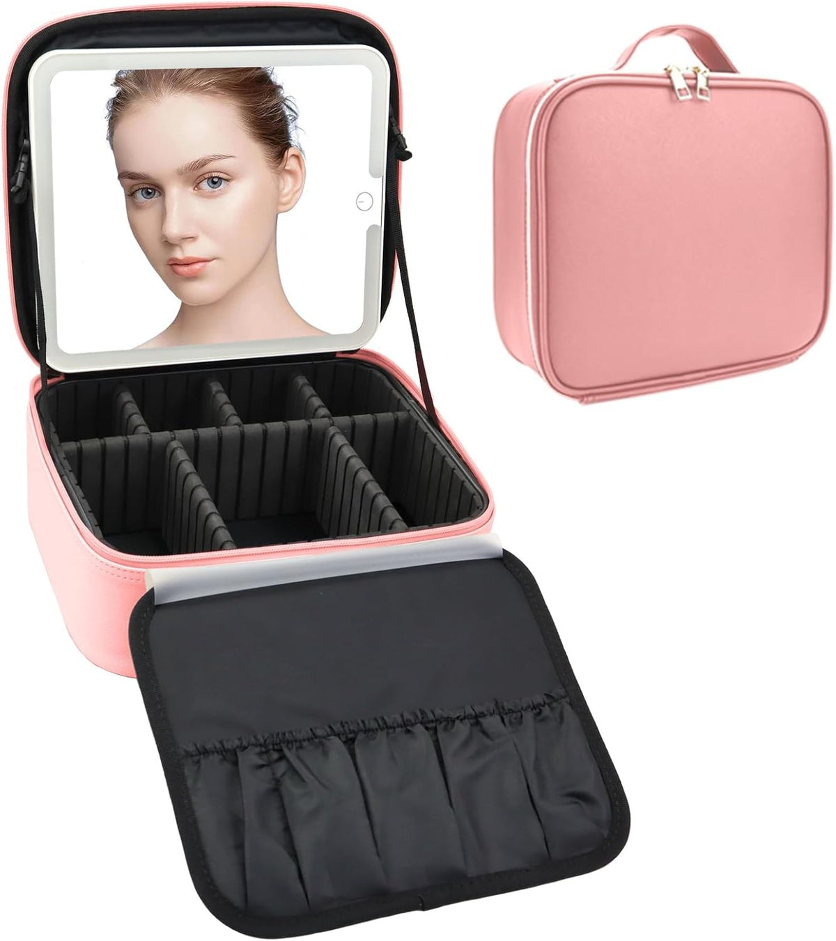 Travel Makeup Bag with LED Mirror and Adjustable Dividers, Waterproof