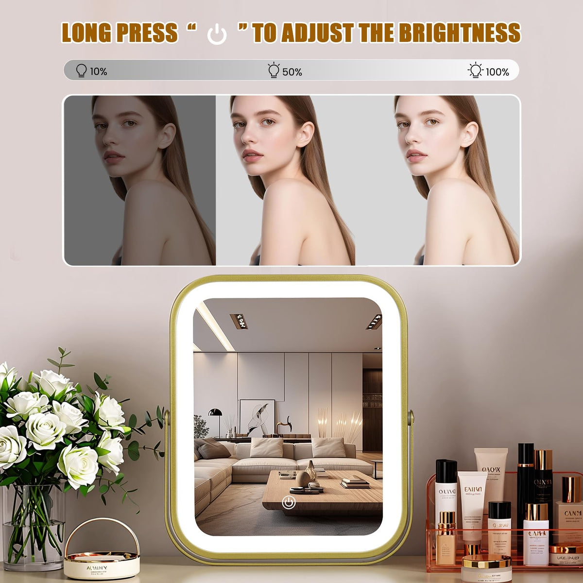Rechargeable 10x8 Inch LED Makeup Mirror with Touch Control and Dimmable Lights