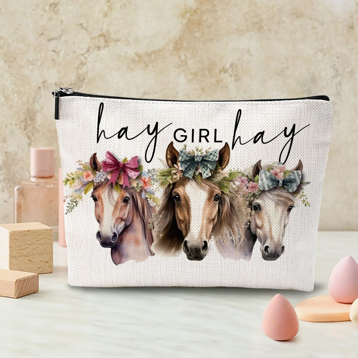 Horse Print Makeup Bag for Girls Women - Equestrian Gift, Travel Toiletry Organizer