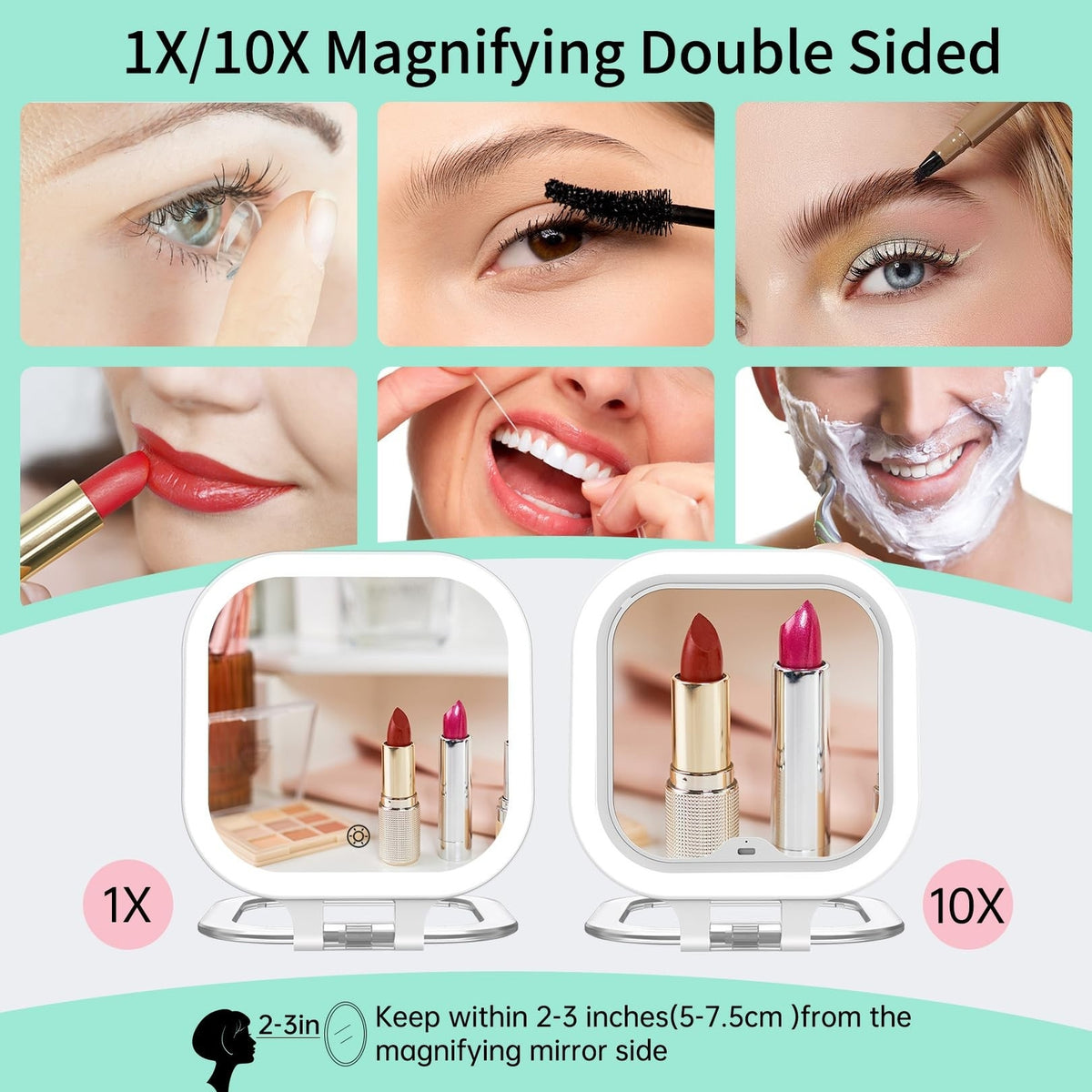 Rechargeable 10X Magnification Travel Makeup Mirror with LED Light