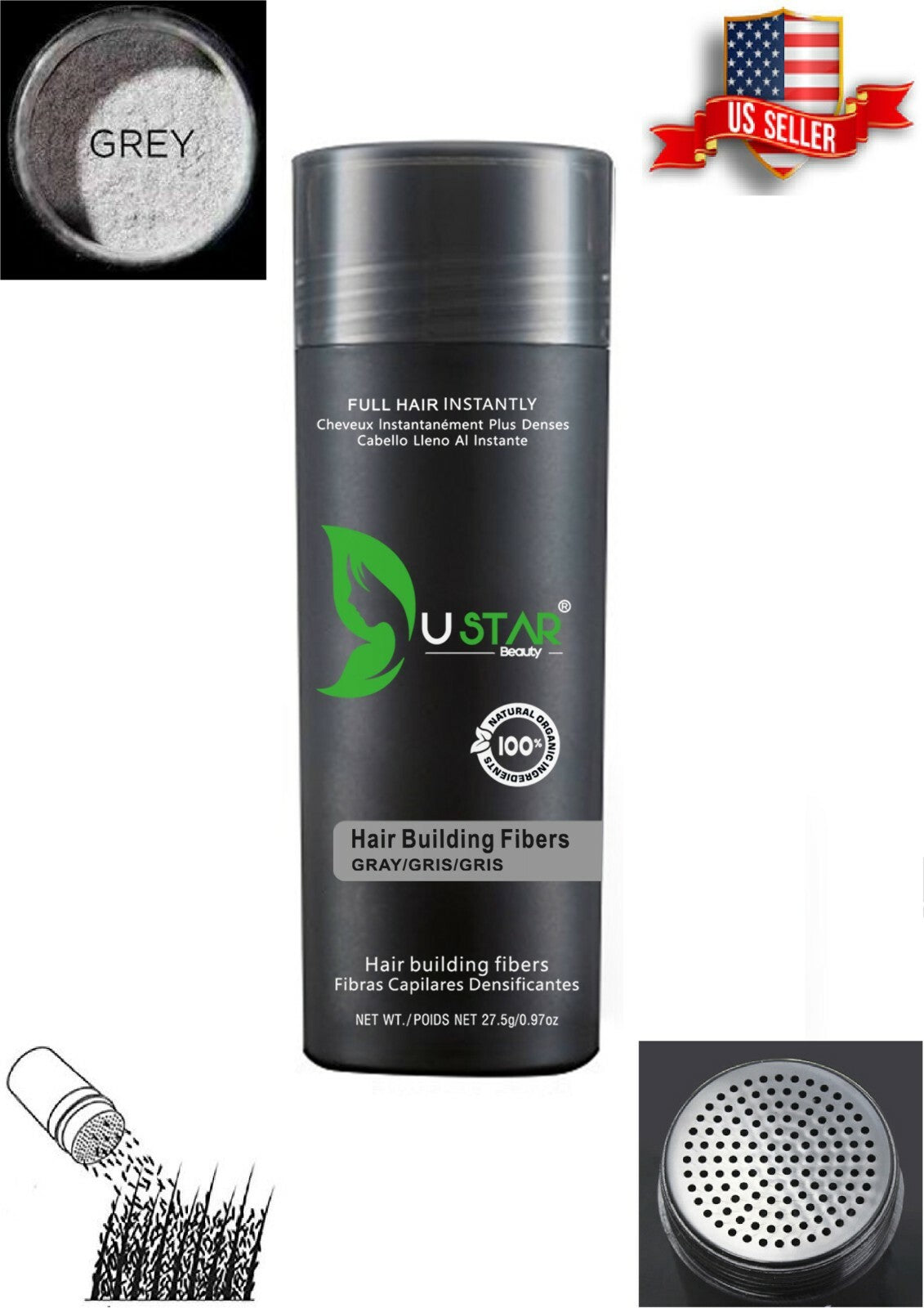 Ustar GRAY Hair Building Fibers Economy 0.97oz 27.5g Free Shipping